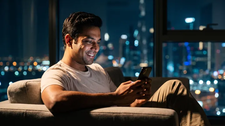 Illustration: a man in a city apartment abroad smiling as he reads an update on his phone