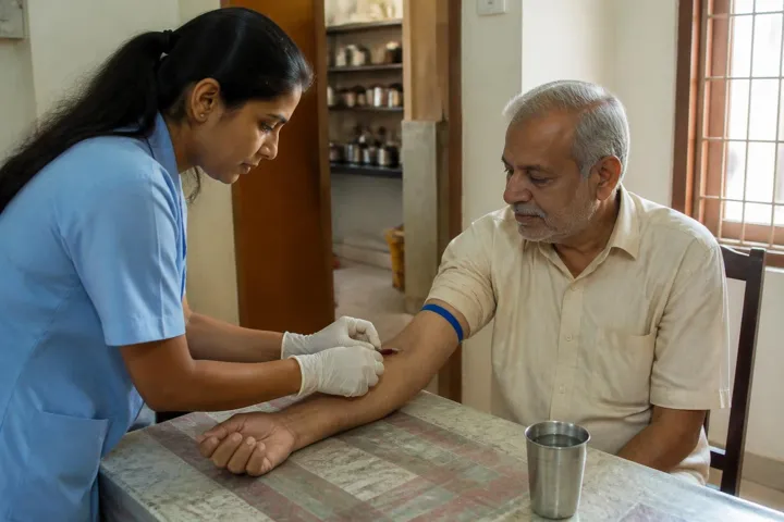 Illustration: a sample collector taking a blood sample from an elderly man at his dining table
