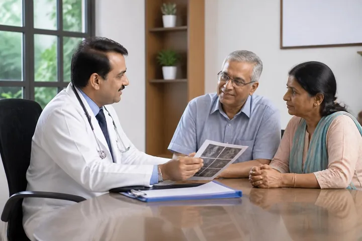 Illustration: a doctor going through a report with an elderly couple
