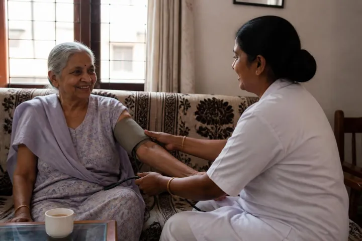 Illustration: a nurse checking an elderly woman's blood pressure at home