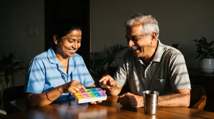 Illustration: a nurse showing an elderly man a pill box marked by dose at his dining table