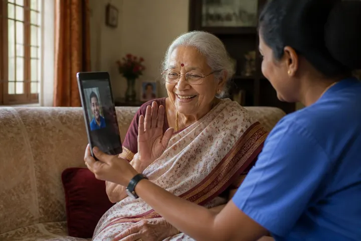 Illustration: an elderly mother waving on a video call held up by a nurse